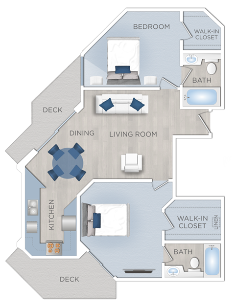 Floor plan for 2 beds, 2 baths, 820 sqft